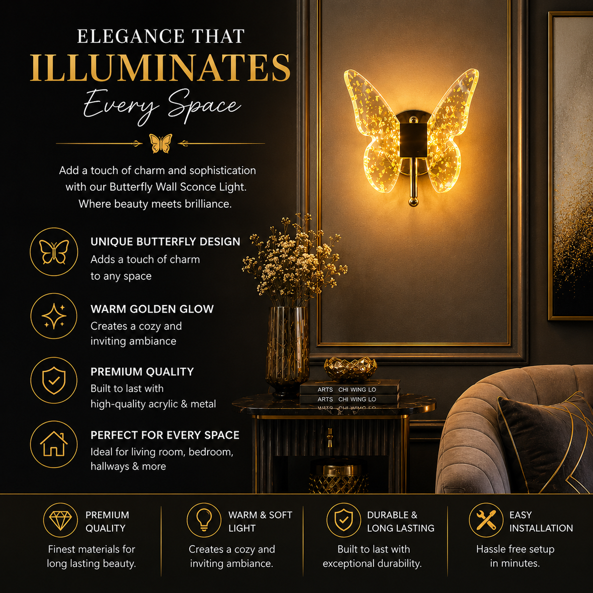 Glintac Butterfly LED Wall Light | Decorative Golden Wall Sconce for Bedroom & Living Room