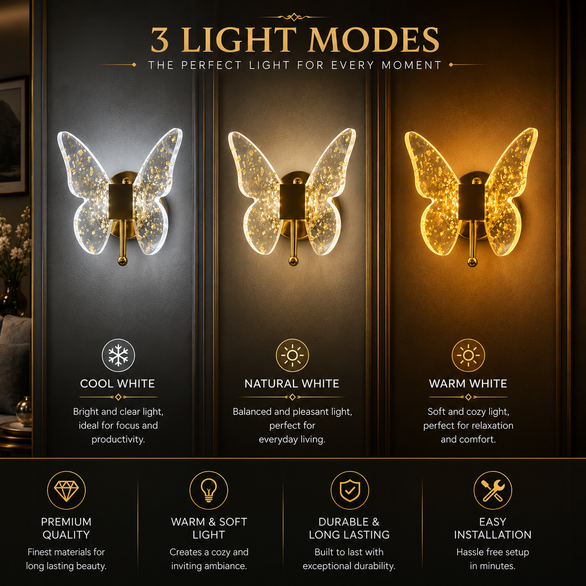 Glintac Butterfly LED Wall Light | Decorative Golden Wall Sconce for Bedroom & Living Room