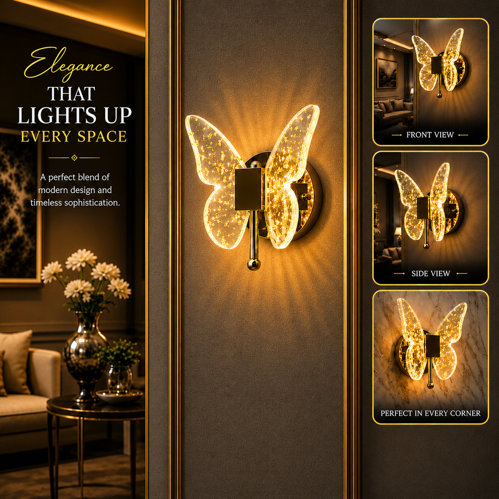 Glintac Butterfly LED Wall Light | Decorative Golden Wall Sconce for Bedroom & Living Room
