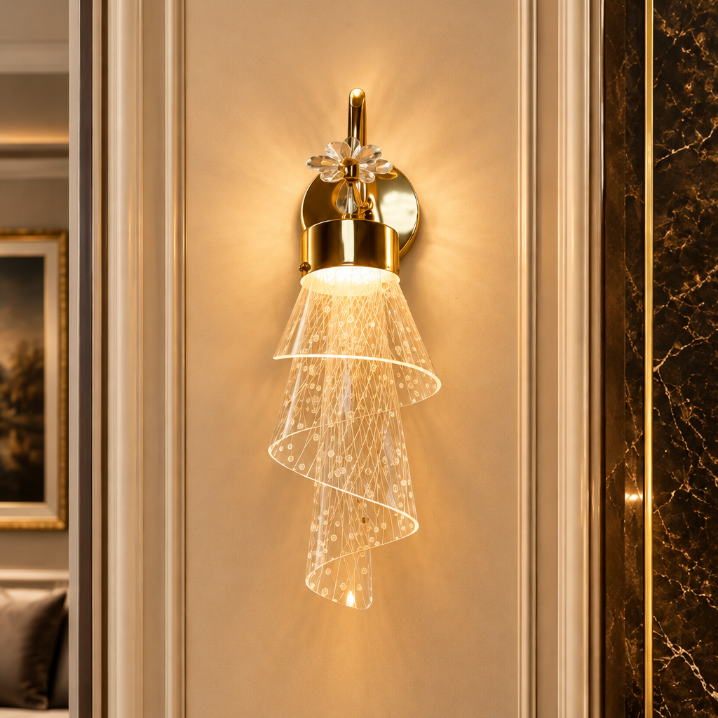A modern wall sconce with a brushed gold metal fixture and a cascading spiral of clear textured glass, casting a warm golden glow on a beige paneled wall. The scene is styled in an elegant interior with a small table holding white flowers in the foreground.