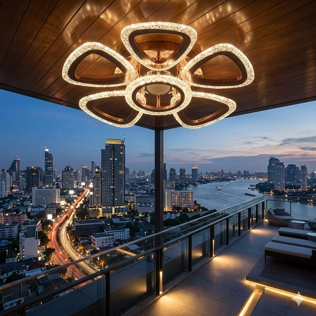 Glintac Crystal Chandelier, 3 Colour Changing WIth Remote Control and Bluetooth (5+1) Waterproof and Gloss Finish
