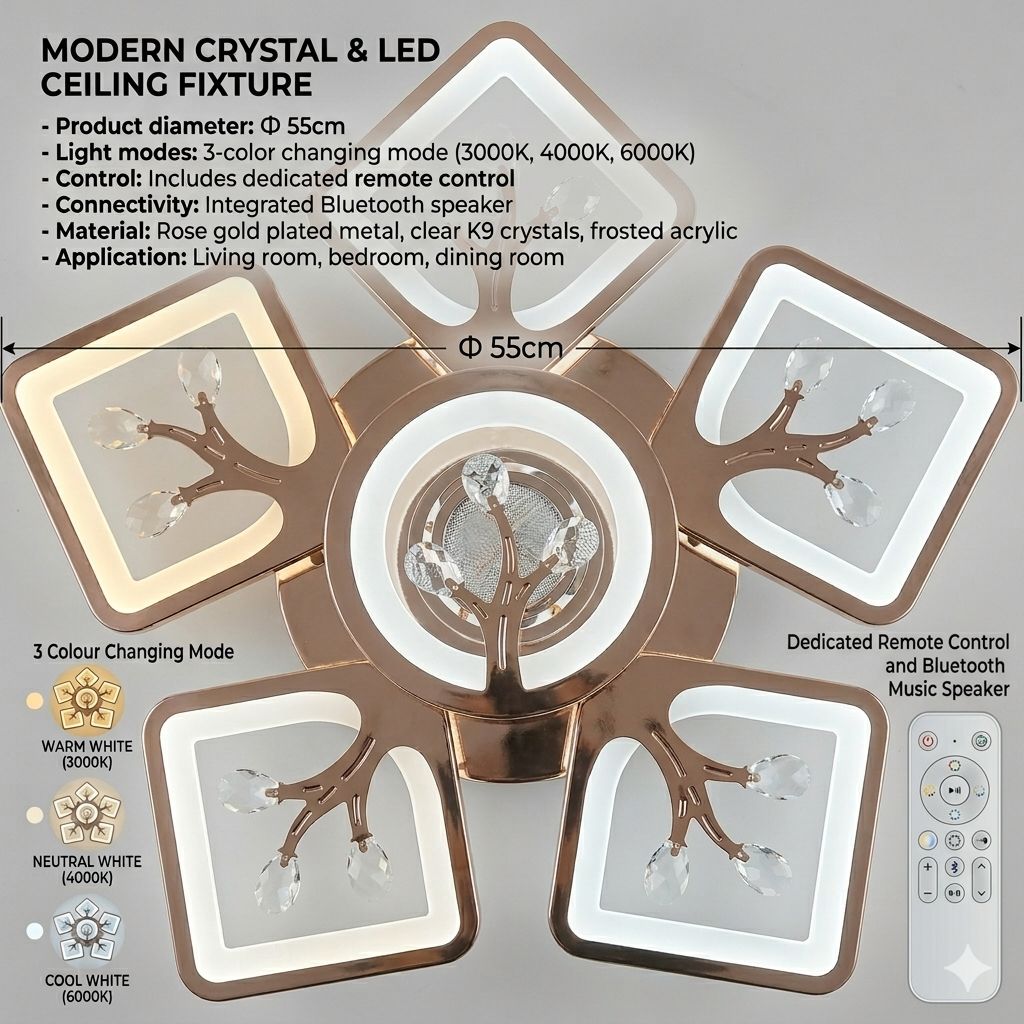 Glintac Crystal Chandelier, 3 Colour Changing WIth Remote Control and Bluetooth (5+1) Waterproof and Gloss Finish