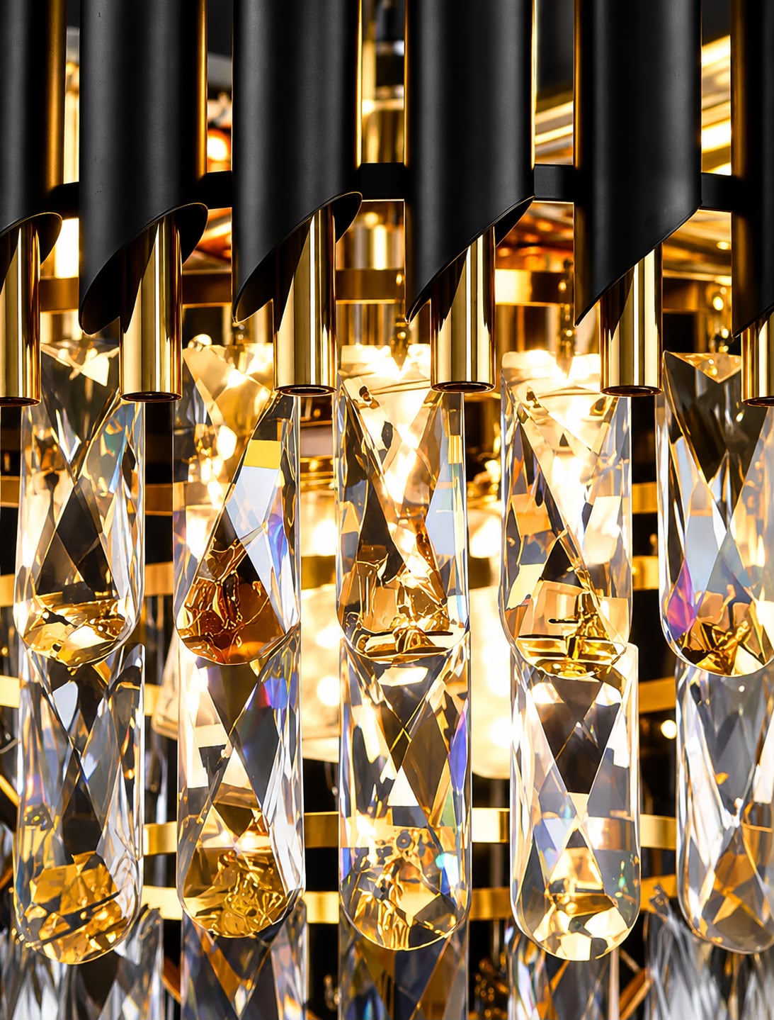 Glintac Gold Black Tube Stainless Steel K9 Crystal Pendant Chandelier Ceiling Lights - 3 Colour Changing (600MM)