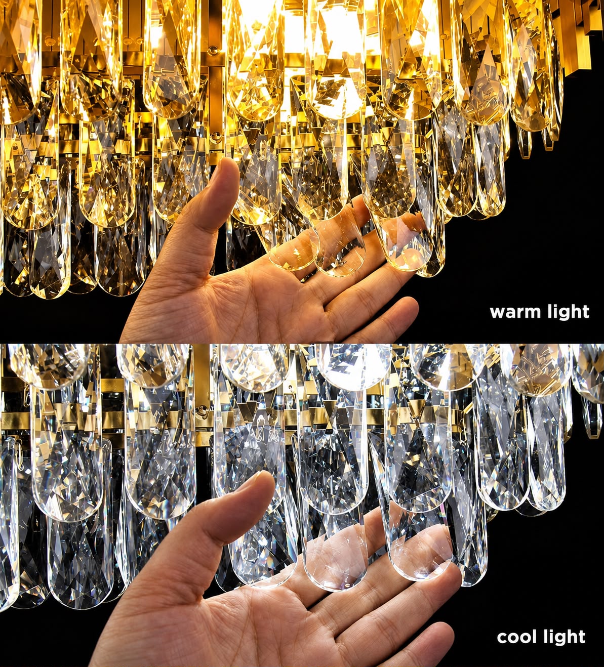 Glintac Gold Black Tube Stainless Steel Crystal Pendant Chandelier Ceiling Lights - 3 Colour Changing (400mm)