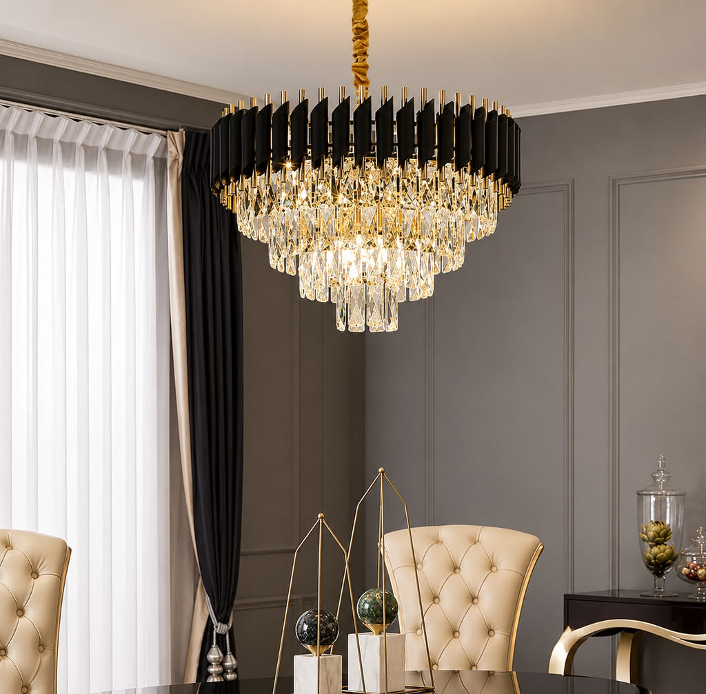 LUMINA Gold Black Tube Stainless Steel Crystal Pendant Chandelier Ceiling Lights - 3 Colour Changing (500mm)