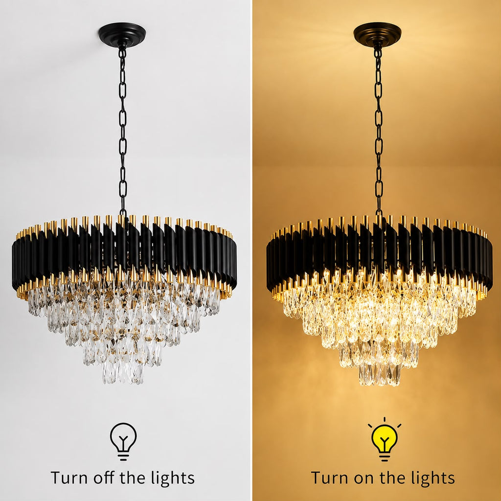 LUMINA Gold Black Tube Stainless Steel Crystal Pendant Chandelier Ceiling Lights - 3 Colour Changing (500mm)