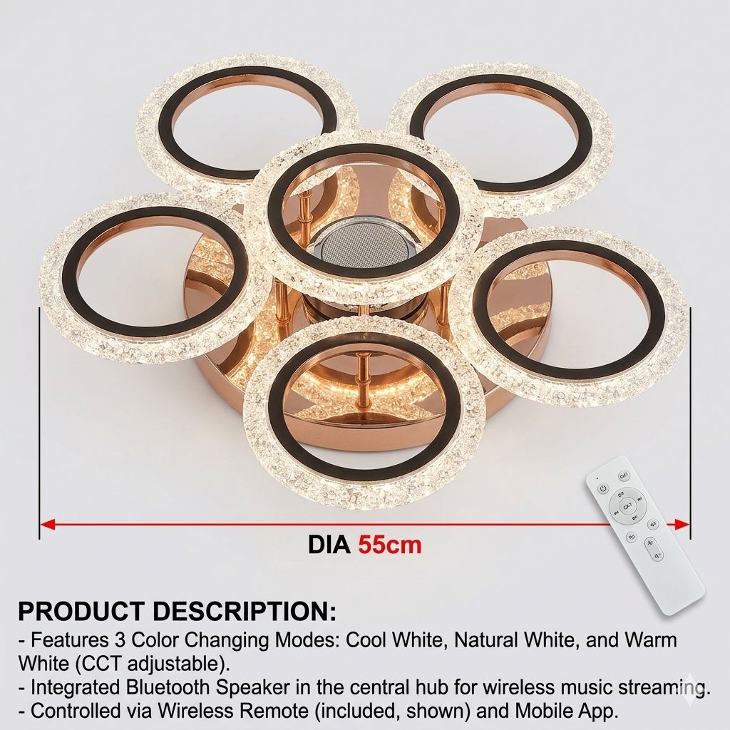 Glintac Crystal Chandelier, 3 Colour Changing WIth Remote Control and Bluetooth (5+1) Waterproof and Gloss Finish
