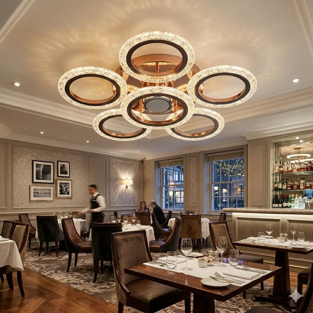 Glintac Crystal Chandelier, 3 Colour Changing WIth Remote Control and Bluetooth (5+1) Waterproof and Gloss Finish