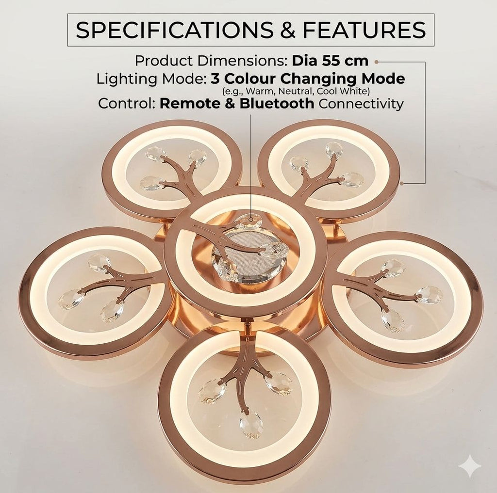 Glintac Crystal Chandelier, 3 Colour Changing WIth Remote Control and Bluetooth (5+1) Waterproof and Gloss Finish