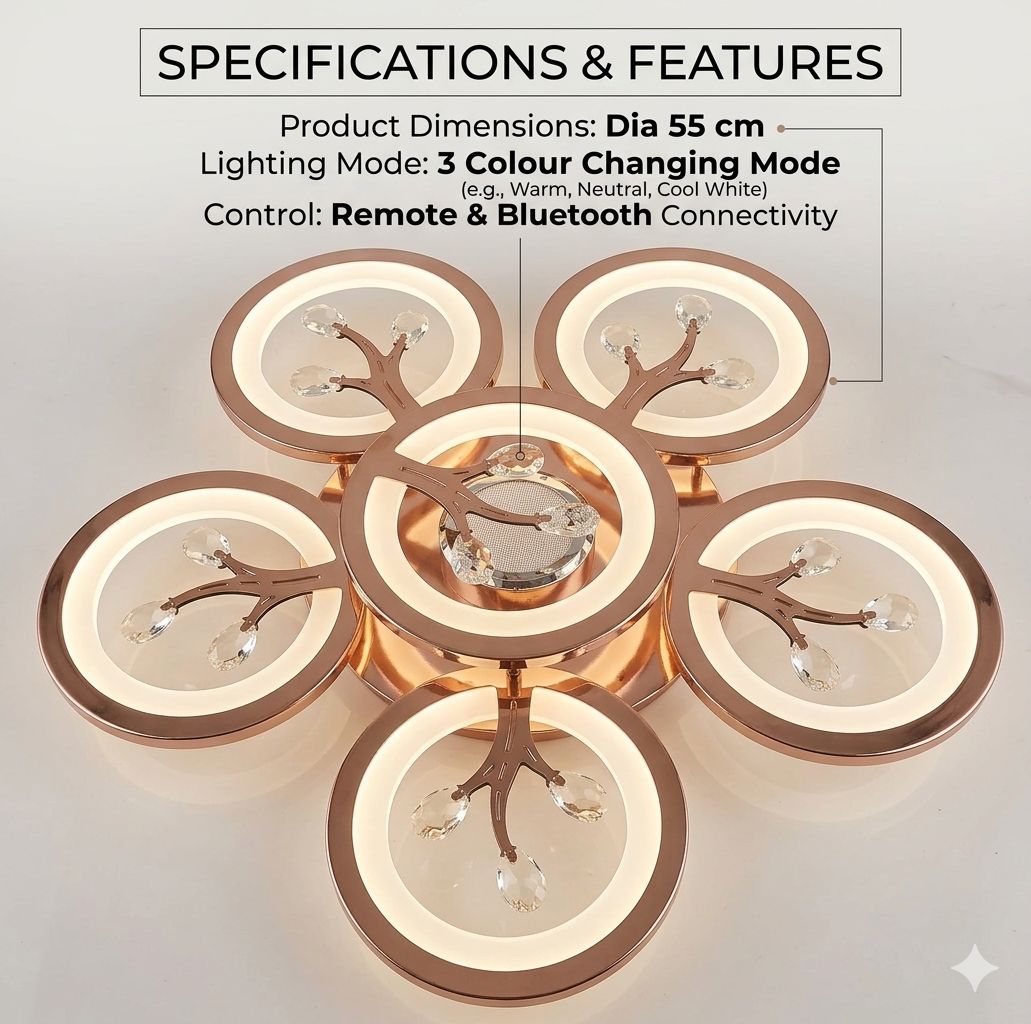 Glintac Crystal Chandelier, 3 Colour Changing WIth Remote Control and Bluetooth (5+1) Waterproof and Gloss Finish