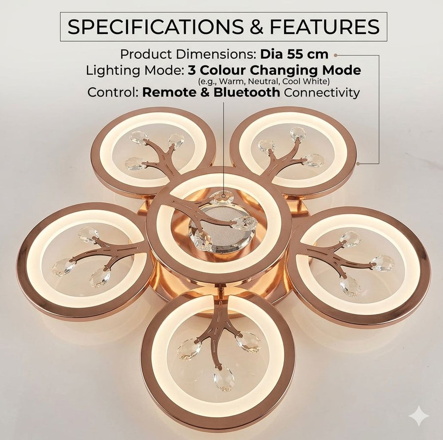 Glintac Crystal Chandelier, 3 Colour Changing WIth Remote Control and Bluetooth (5+1) Waterproof and Gloss Finish