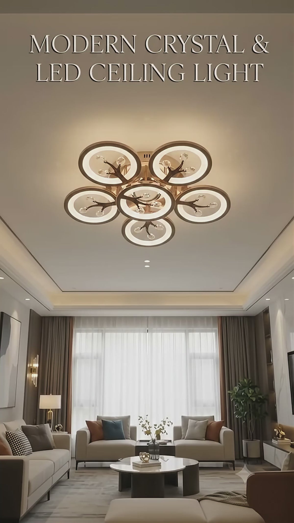 Glintac Crystal Chandelier, 3 Colour Changing WIth Remote Control and Bluetooth (5+1) Waterproof and Gloss Finish